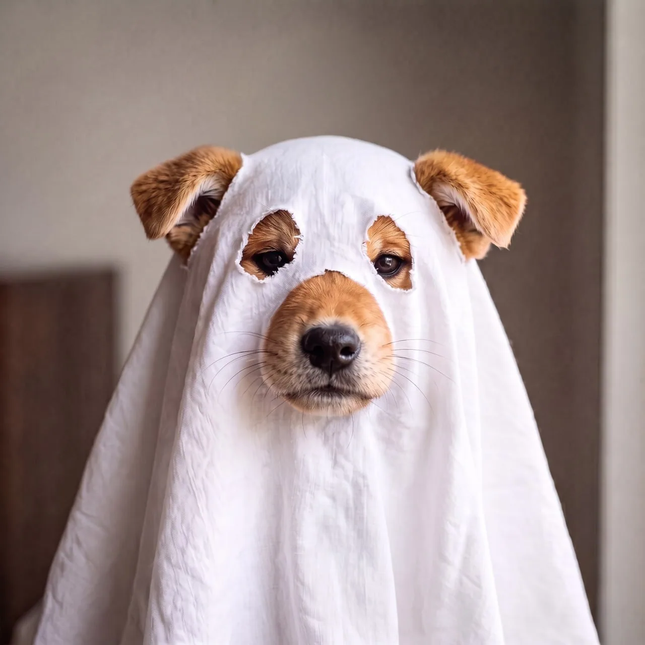 A puppy wearing a white bedsheet ghost costume with holes cut for its eyes and nose, ears poking out of the top, looking straight at the camera.