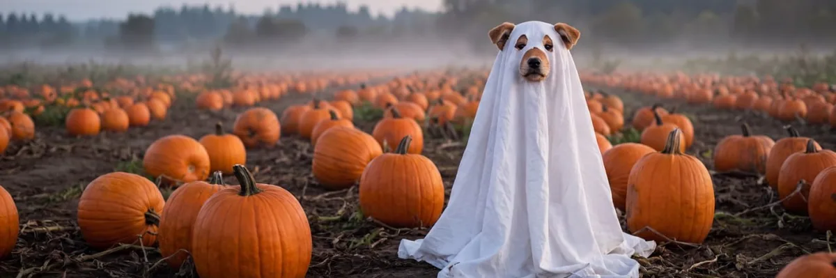 The ghost-sheet puppy sitting in a misty pumpkin field at dusk, rows of orange pumpkins stretching into the fog behind it.